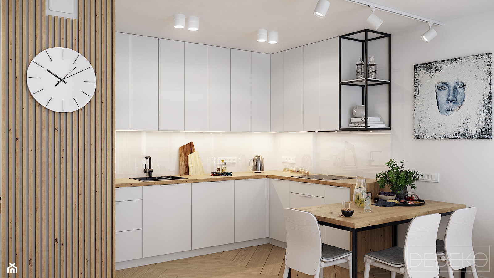 Mieszkanie Kurpiowska - Średnia otwarta biała z zabudowaną lodówką kuchnia w kształcie litery l, styl nowoczesny - zdjęcie od DEDEKO - Homebook