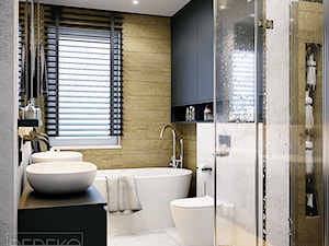 Segment 126m2 Siedlce - Mała z lustrem z dwoma umywalkami z punktowym oświetleniem łazienka z oknem, styl nowoczesny - zdjęcie od DEDEKO