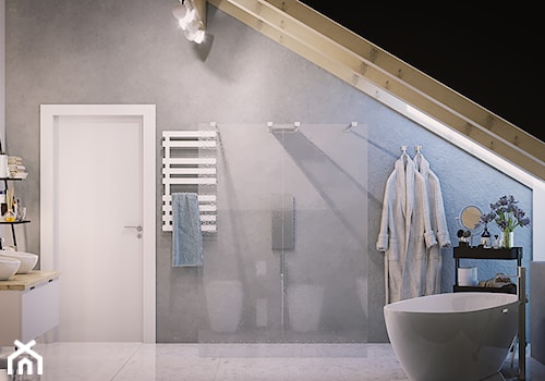 Projekt w Iganiach - Średnia na poddaszu z lustrem z dwoma umywalkami łazienka z oknem, styl nowoczesny - zdjęcie od DEDEKO