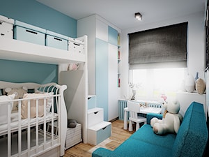 Mieszkanie os. Wilno - Mały biały niebieski pokój dziecka dla niemowlaka dla chłopca dla dziewczynki, styl nowoczesny - zdjęcie od DEDEKO