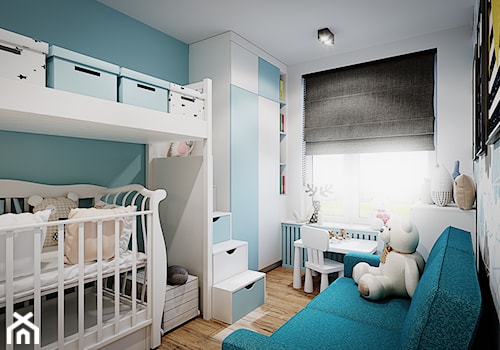 Mieszkanie os. Wilno - Mały biały niebieski pokój dziecka dla niemowlaka dla chłopca dla dziewczynki, styl nowoczesny - zdjęcie od DEDEKO