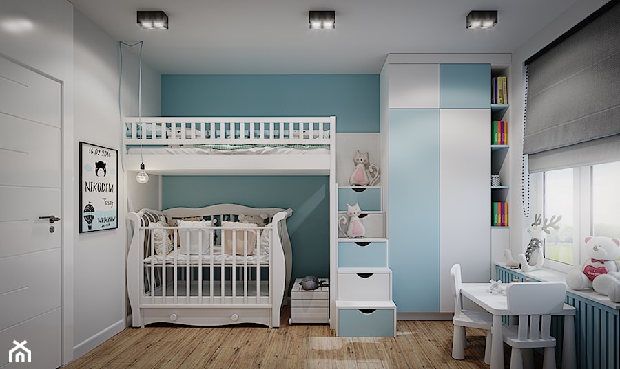 Mieszkanie os. Wilno - Średni biały szary niebieski pokój dziecka dla niemowlaka dla dziecka dla chłopca dla dziewczynki dla rodzeństwa, styl nowoczesny - zdjęcie od DEDEKO