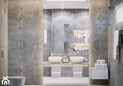 Projekt w Iganiach - Średnia z lustrem z dwoma umywalkami z punktowym oświetleniem łazienka z oknem, styl nowoczesny - zdjęcie od DEDEKO