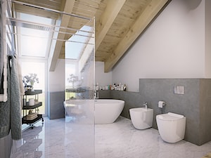 Projekt w Iganiach - Średnia na poddaszu łazienka z oknem, styl nowoczesny - zdjęcie od DEDEKO