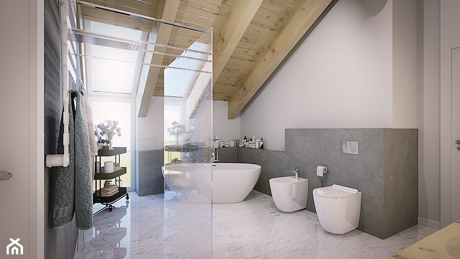 Projekt w Iganiach - Średnia na poddaszu łazienka z oknem, styl nowoczesny - zdjęcie od DEDEKO