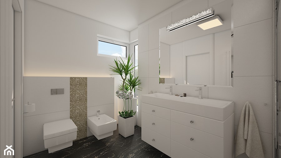 DOM W STYLU NEW YORK - Średnia z lustrem z dwoma umywalkami z marmurową podłogą łazienka z oknem - zdjęcie od MyWay Design