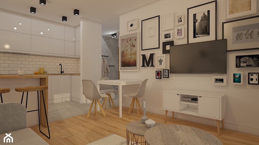 projekt mieszkania w skandynawskim stylu - Mały biały salon z kuchnią z jadalnią, styl skandynawski - zdjęcie od MyWay Design