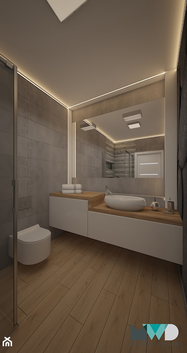 Projekt wnętrz domu - Średnia na poddaszu bez okna z lustrem łazienka, styl nowoczesny - zdjęcie od MyWay Design
