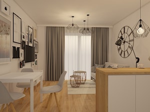 projekt mieszkania w skandynawskim stylu - Średni biały salon z jadalnią z tarasem / balkonem, styl skandynawski - zdjęcie od MyWay Design