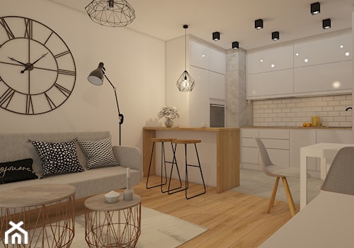 projekt mieszkania w skandynawskim stylu - Średni beżowy salon z kuchnią z jadalnią, styl skandynawski - zdjęcie od MyWay Design