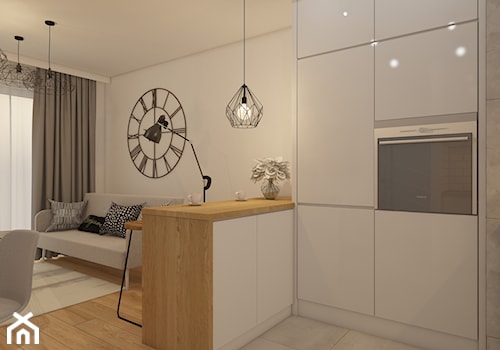 projekt mieszkania w skandynawskim stylu - Mała otwarta z salonem szara z zabudowaną lodówką kuchnia w kształcie litery u z oknem, styl skandynawski - zdjęcie od MyWay Design
