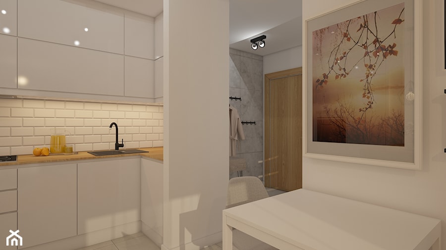 projekt mieszkania w skandynawskim stylu - Średnia otwarta biała z zabudowaną lodówką z nablatowym zlewozmywakiem kuchnia w kształcie litery l, styl skandynawski - zdjęcie od MyWay Design