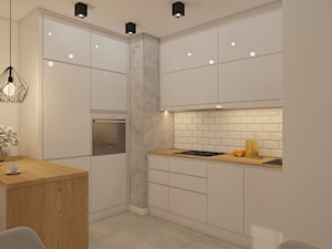 projekt mieszkania w skandynawskim stylu - Średnia otwarta beżowa z zabudowaną lodówką z nablatowym zlewozmywakiem kuchnia w kształcie litery u, styl skandynawski - zdjęcie od MyWay Design