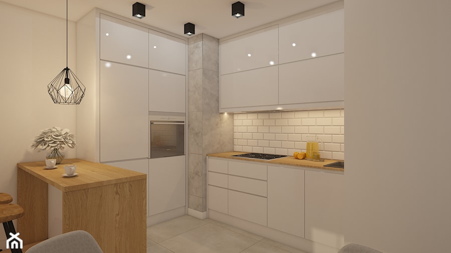 projekt mieszkania w skandynawskim stylu - Średnia otwarta beżowa z zabudowaną lodówką z nablatowym zlewozmywakiem kuchnia w kształcie litery u, styl skandynawski - zdjęcie od MyWay Design