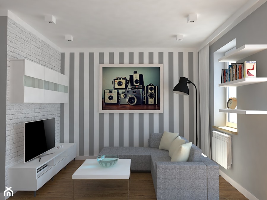 mieszkanie 52 metrowe we Wrocławiu - Mały biały szary salon, styl skandynawski - zdjęcie od Dekoncept