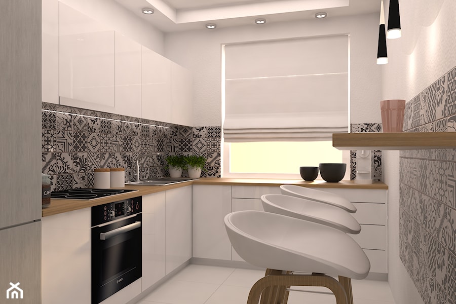 projekt aranżacji mieszkania we Wrocławiu - Średnia biała z zabudowaną lodówką z podblatowym zlewozmywakiem kuchnia w kształcie litery l, styl skandynawski - zdjęcie od Dekoncept