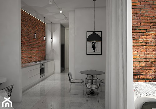 projekt loftu w Łodzi - Mała biała brązowa jadalnia w kuchni, styl industrialny - zdjęcie od Dekoncept