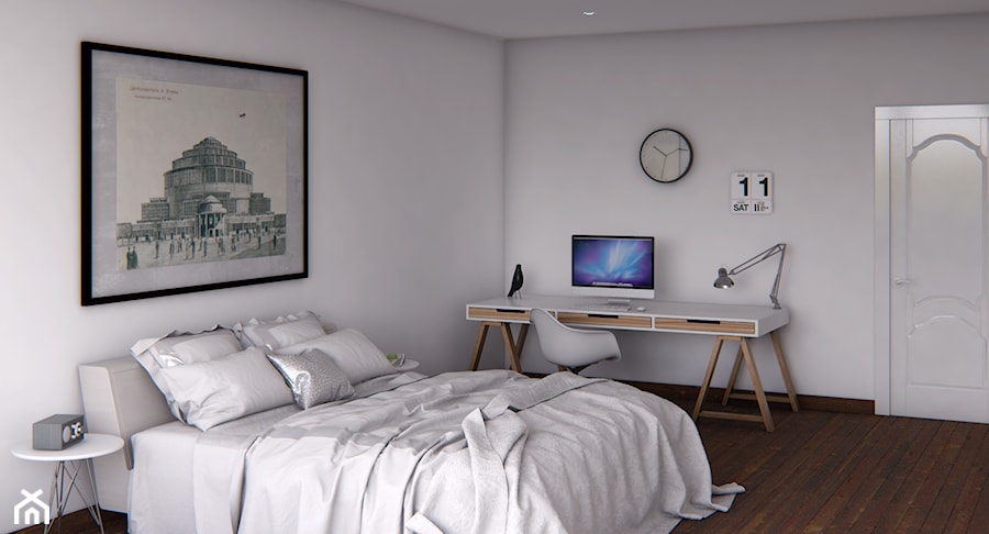 projekt mieszkania we Wrocławiu - Średnia szara z biurkiem sypialnia, styl minimalistyczny - zdjęcie od Dekoncept