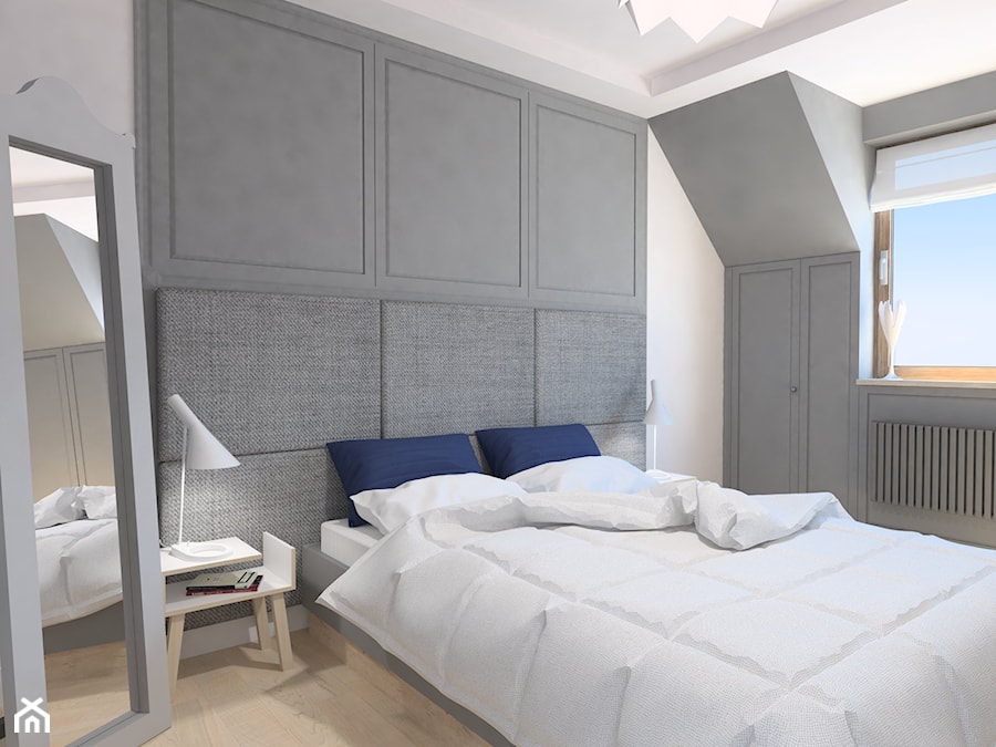 projekt mieszkania we Wrocławiu 1 - Mała biała szara sypialnia na poddaszu, styl minimalistyczny - zdjęcie od Dekoncept