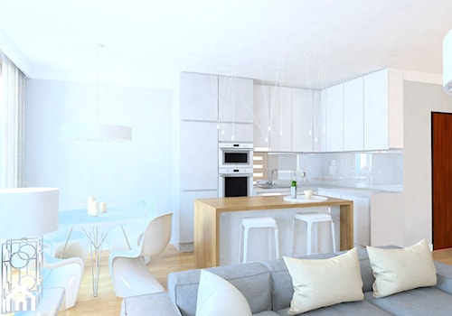 projekt mieszkania we Wrocławiu 1 - Mała otwarta biała z zabudowaną lodówką kuchnia w kształcie litery l z wyspą lub półwyspem z kompozytem na ścianie nad blatem kuchennym, styl minimalistyczny - zdjęcie od Dekoncept