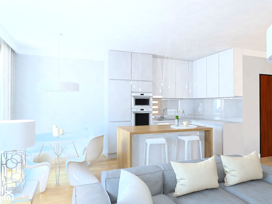 projekt mieszkania we Wrocławiu 1 - Mała otwarta biała z zabudowaną lodówką kuchnia w kształcie litery l z wyspą lub półwyspem z kompozytem na ścianie nad blatem kuchennym, styl minimalistyczny - zdjęcie od Dekoncept