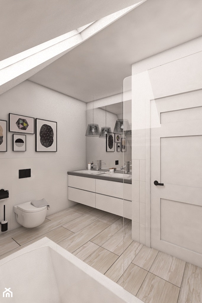 jesion - Średnia na poddaszu z lustrem z dwoma umywalkami łazienka z oknem, styl skandynawski - zdjęcie od Dekoncept