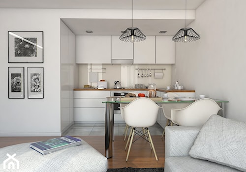betonowy chaos - Średnia otwarta z salonem beżowa biała z zabudowaną lodówką kuchnia w kształcie litery l, styl skandynawski - zdjęcie od Dekoncept