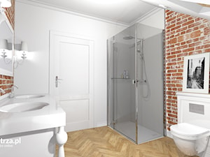 Eklektyczna Łazienka - Średnia na poddaszu z lustrem z dwoma umywalkami łazienka z oknem, styl nowoczesny - zdjęcie od e-wnetrza.pl