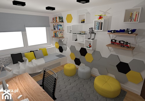 Pokój Maksa - miłośnika LEGO - Średni biały szary pokój dziecka dla nastolatka dla chłopca dla dziewczynki, styl nowoczesny - zdjęcie od e-wnetrza.pl