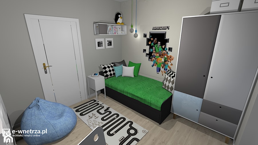 Pokój Krzysia - pasjonata Minecraft - Średni szary pokój dziecka dla dziecka dla nastolatka dla chłopca dla dziewczynki, styl nowoczesny - zdjęcie od e-wnetrza.pl