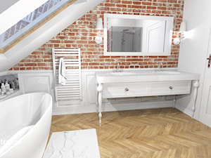 Eklektyczna Łazienka - Średnia na poddaszu z lustrem z dwoma umywalkami łazienka z oknem, styl nowoczesny - zdjęcie od e-wnetrza.pl