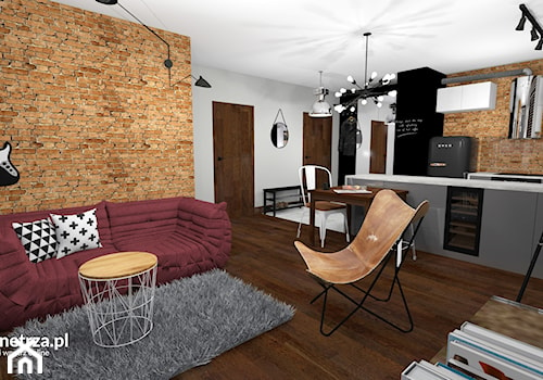 Wnętrze w stylu Loftowym - Średni biały brązowy salon z kuchnią z jadalnią, styl industrialny - zdjęcie od e-wnetrza.pl