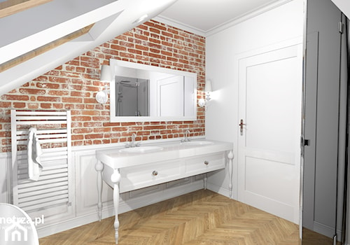 Eklektyczna Łazienka - Średnia na poddaszu z dwoma umywalkami z punktowym oświetleniem łazienka z oknem, styl nowoczesny - zdjęcie od e-wnetrza.pl