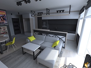 mieszkanie 55m2 łomża - Średnia otwarta z kamiennym blatem biała czarna z zabudowaną lodówką z podblatowym zlewozmywakiem kuchnia jednorzędowa z wyspą lub półwyspem z oknem, styl industrialny - zdjęcie od Interior Design A3D Architekci Krzysztof Gruszfeld