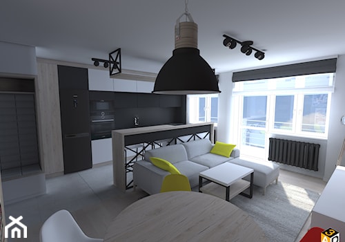 mieszkanie 55m2 łomża - Mały biały salon z kuchnią z jadalnią, styl industrialny - zdjęcie od Interior Design A3D Architekci Krzysztof Gruszfeld
