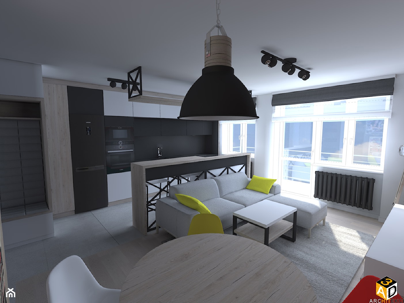 mieszkanie 55m2 łomża - Mały biały salon z kuchnią z jadalnią, styl industrialny - zdjęcie od Interior Design A3D Architekci Krzysztof Gruszfeld - Homebook