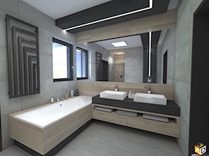 DOM parterowy 160m2 - Duża z lustrem z dwoma umywalkami łazienka z oknem - zdjęcie od Interior Design A3D Architekci Krzysztof Gruszfeld