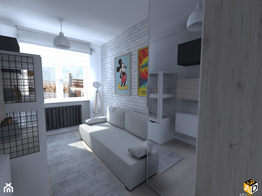mieszkanie 55m2 łomża - Mały biały szary pokój dziecka dla nastolatka dla chłopca dla dziewczynki, styl industrialny - zdjęcie od Interior Design A3D Architekci Krzysztof Gruszfeld