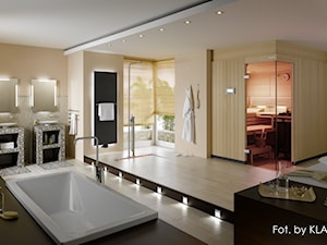 Duża jako pokój kąpielowy z dwoma umywalkami z punktowym oświetleniem łazienka z oknem, styl glamour - zdjęcie od KLAFS