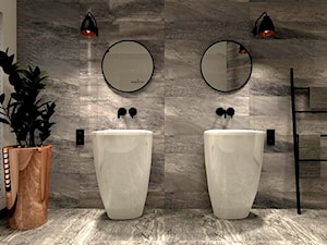 Projekt łazienki - Poznań - Średnia z lustrem z dwoma umywalkami z marmurową podłogą łazienka z oknem, styl industrialny - zdjęcie od LaskowskaWnętrza