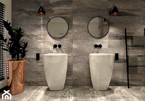 Projekt łazienki - Poznań - Średnia z lustrem z dwoma umywalkami z marmurową podłogą łazienka z oknem, styl industrialny - zdjęcie od LaskowskaWnętrza