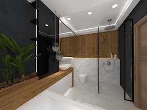 Łazienka - czerń, drewno i marmur - Średnia bez okna z marmurową podłogą z punktowym oświetleniem łazienka, styl nowoczesny - zdjęcie od Ano Studio