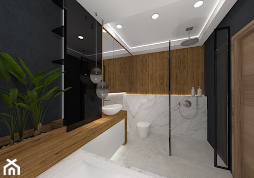 Łazienka - czerń, drewno i marmur - Średnia bez okna z marmurową podłogą z punktowym oświetleniem łazienka, styl nowoczesny - zdjęcie od Ano Studio
