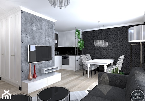 Salon z aneksem kuchennym i jadalnią w bloku - Mały średni czarny szary salon z kuchnią z jadalnią, styl glamour - zdjęcie od Ano Studio