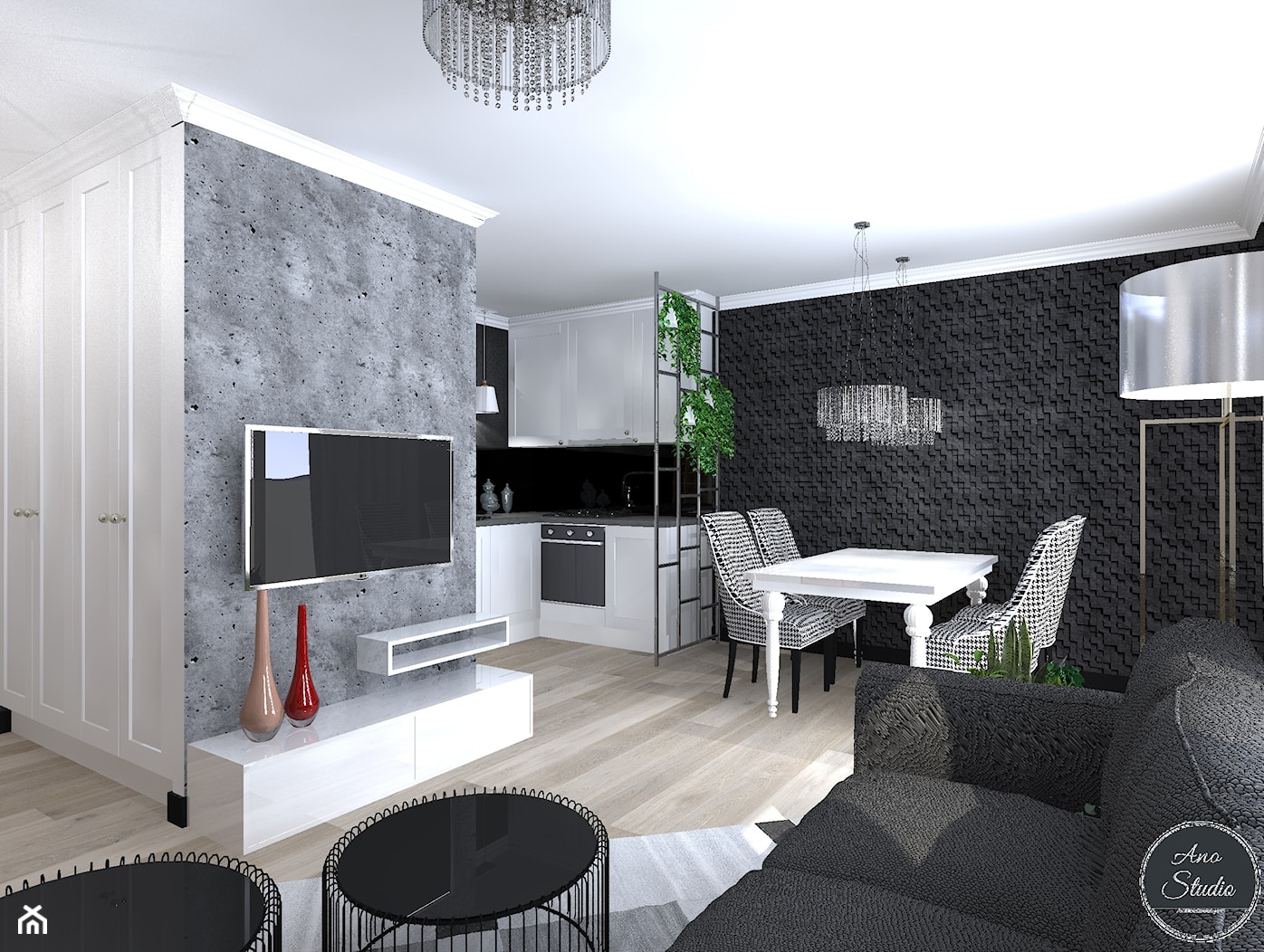 Salon z aneksem kuchennym i jadalnią w bloku - Mały średni czarny szary salon z kuchnią z jadalnią, styl glamour - zdjęcie od Ano Studio - Homebook