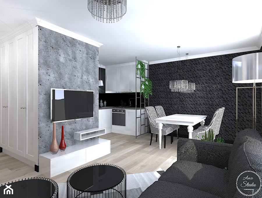 Salon z aneksem kuchennym i jadalnią w bloku - Mały średni czarny szary salon z kuchnią z jadalnią, styl glamour - zdjęcie od Ano Studio