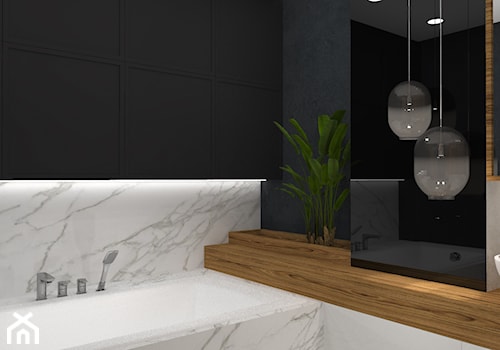 Łazienka - czerń, drewno i marmur - Mała na poddaszu bez okna z lustrem łazienka, styl nowoczesny - zdjęcie od Ano Studio