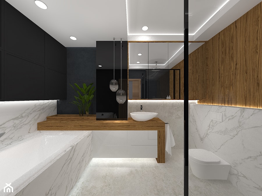 Łazienka - czerń, drewno i marmur - Średnia na poddaszu bez okna z lustrem z marmurową podłogą łazienka, styl nowoczesny - zdjęcie od Ano Studio