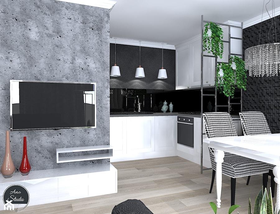 Salon z aneksem kuchennym i jadalnią w bloku - Kuchnia, styl glamour - zdjęcie od Ano Studio