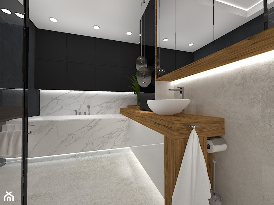 Łazienka - czerń, drewno i marmur - Mała na poddaszu bez okna łazienka, styl nowoczesny - zdjęcie od Ano Studio